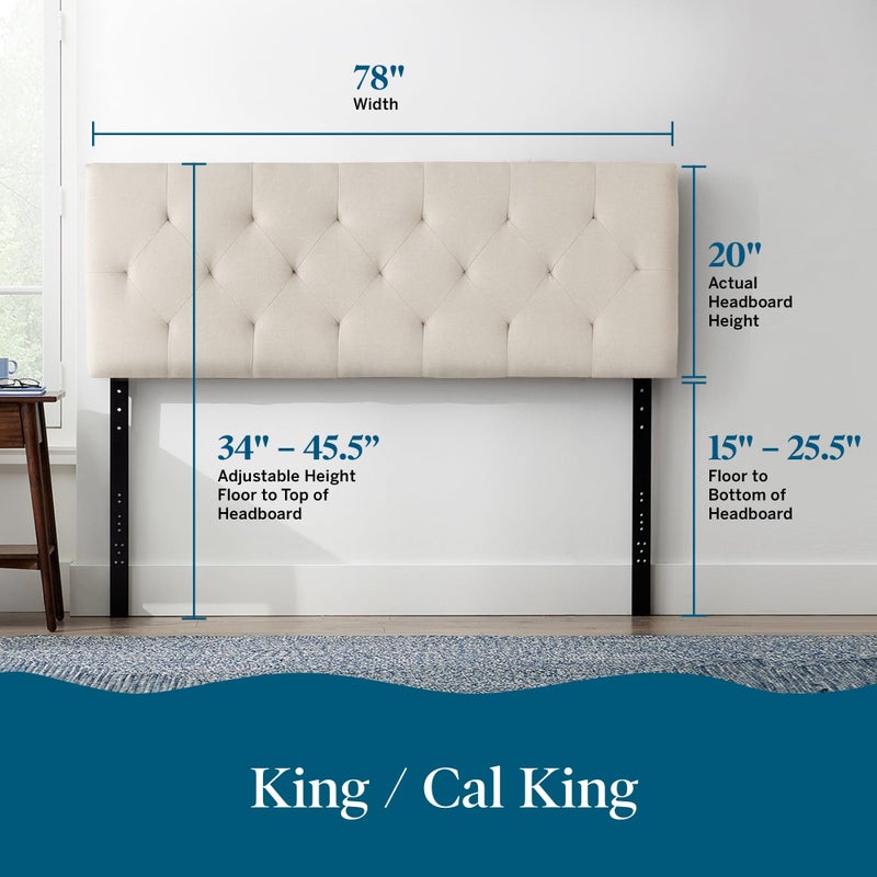 Lucid Mid-Rise Upholstered Headboard - Diamond Tufted - Padded Polyester - Adjustable Height from 34â€ to 46â€ - Easy Assembly - Bed Frame or Wall Mount - Sturdy - Pearl - King / Cal King Size - Image 2
