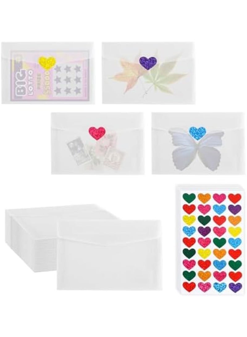 SYOSI 100 Pcs Small Glassine Envelopes, 3.9 × 2.7 Inch Ticket Envelopes for Wedding Favors with 108 Pcs Shinny Heart Stickers, Suitable for Cards, Stamps, Coins - Image 1
