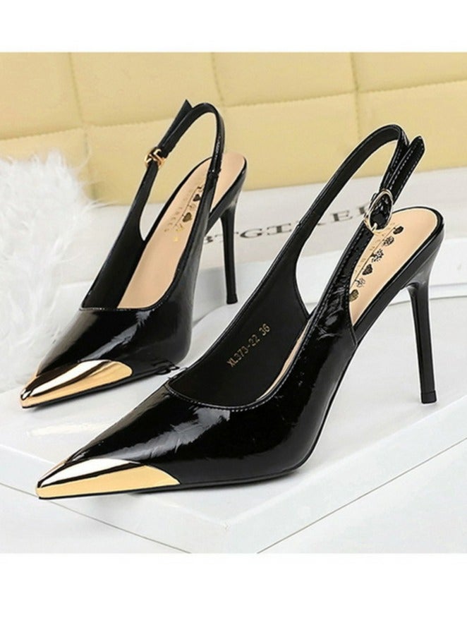 BIGTREE Women's Metal Pointed Toe Stiletto Pumps Closed Toe Slingback High Heels Patent Leather Buckle Strap Sandal 9.5CM Black - Image 1