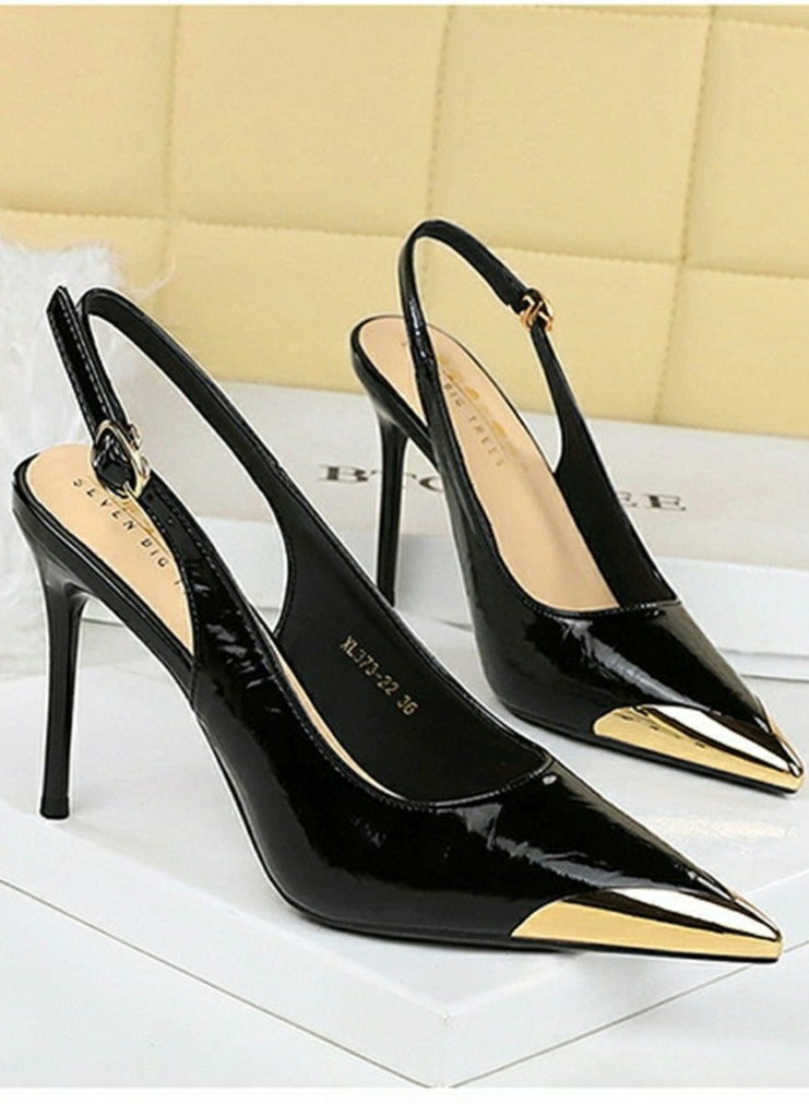 BIGTREE Women's Metal Pointed Toe Stiletto Pumps Closed Toe Slingback High Heels Patent Leather Buckle Strap Sandal 9.5CM Black - Image 2