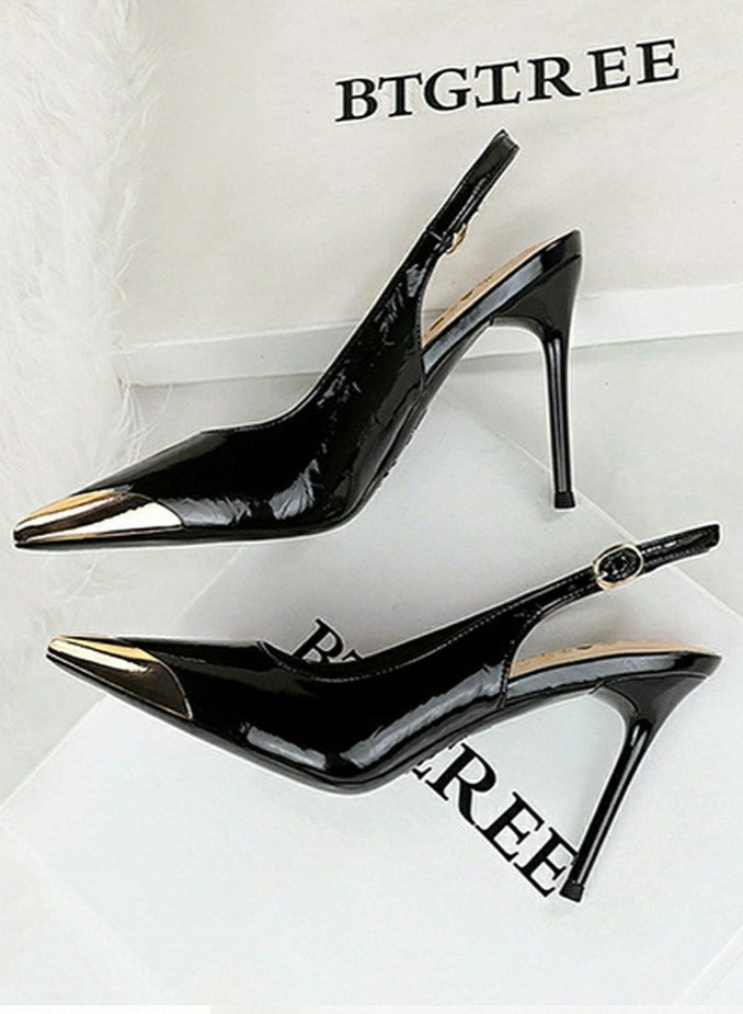 BIGTREE Women's Metal Pointed Toe Stiletto Pumps Closed Toe Slingback High Heels Patent Leather Buckle Strap Sandal 9.5CM Black - Image 3
