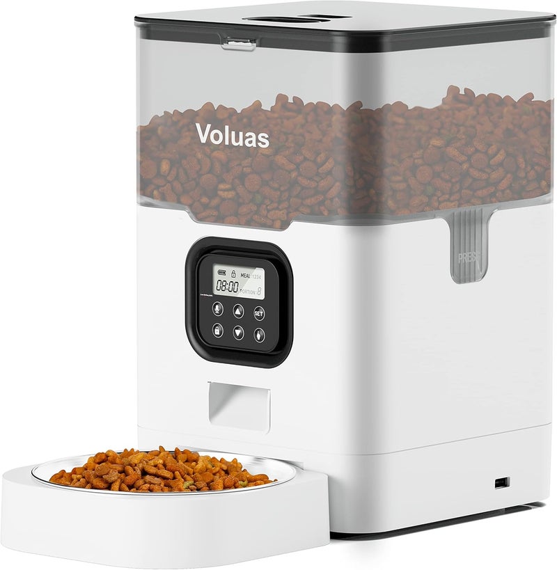 Voluas وحدة التغذية الأوتوماتيكية فولاس للقطط - موزع الطعام الجاف مع مؤقت، كيس مجفف، تحكم قابل للبرمجة في حجم الحصة 4 وجبات يوميًا، مسجل صوتي 10 ثوانٍ - Image 1
