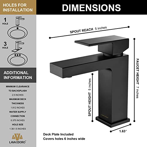 Lava Odoro Matte Black Bathroom Faucet 1 Hole, Modern Single Hole Bathroom Sink Faucet for Vanity with Pop up Drain Assembly, Deck Plate Included, 1.2 GPM Water Flow, BF307-B - Image 4