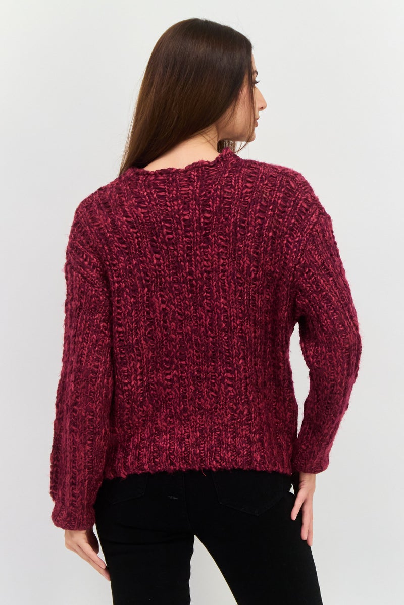DEX Women Round Neck Textured Sweater, Burgundy - Image 3