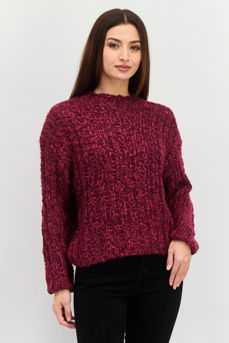 DEX Women Round Neck Textured Sweater, Burgundy - Image 1