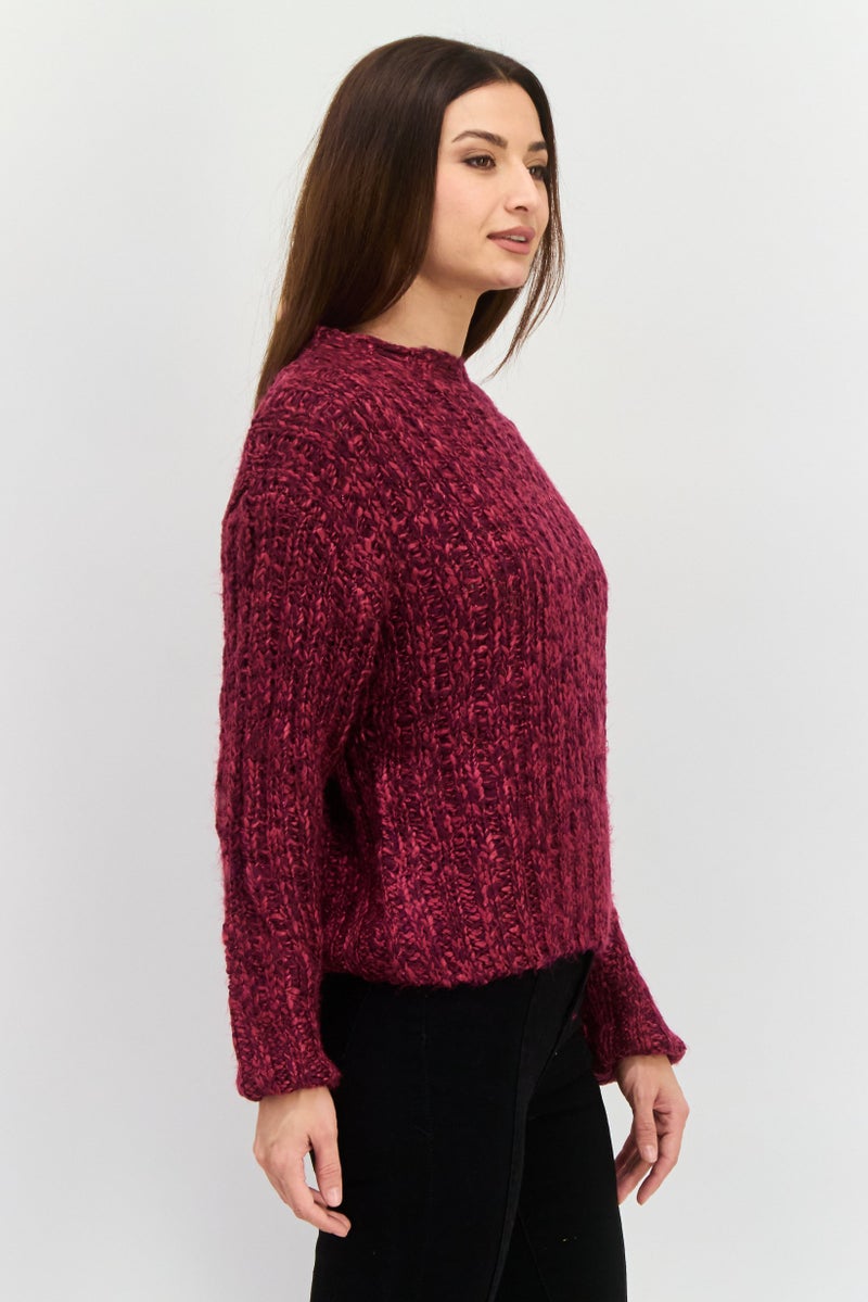 DEX Women Round Neck Textured Sweater, Burgundy - Image 2