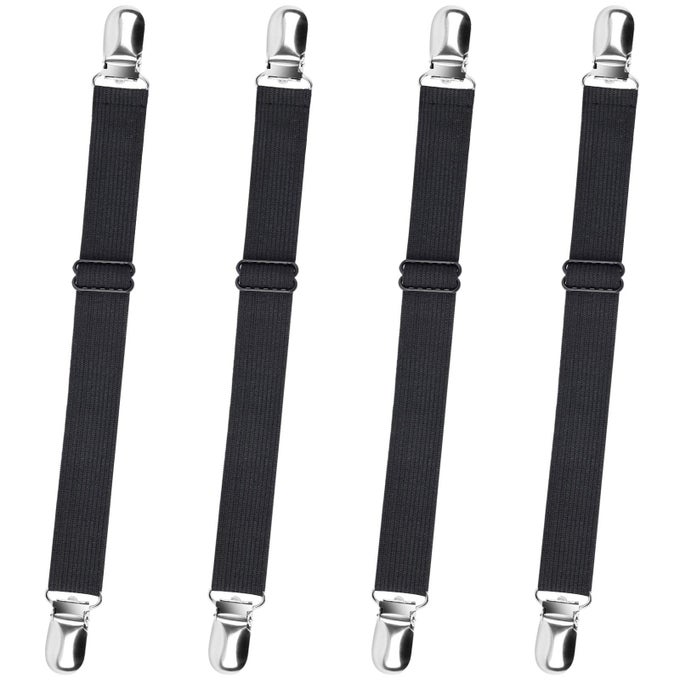 BED SHEET SUSPENDERS 4PCS ADJUSTABLE BED SHEET HOLDER STRAPS SHEET FASTENERS HEAVY DUTY BED SHEET GRIPPERS FOR MATTRESSES FITTED SHEETS FLAT SHEETS BLACK