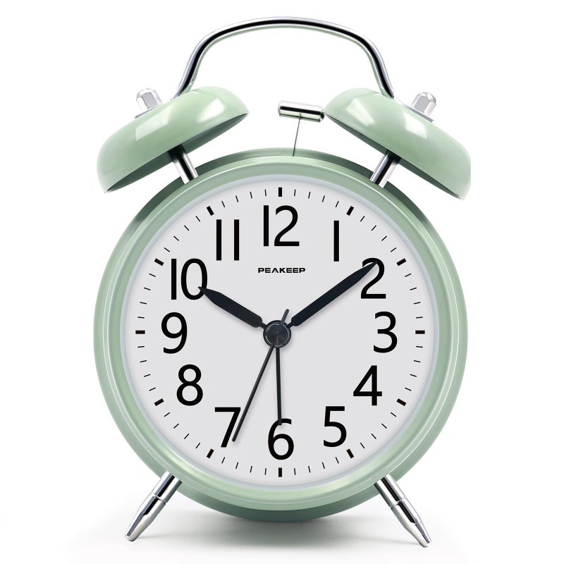 Peakeep Loud Battery Alarm Clock for Heavy Sleepers Adults Kids, Analog 4.5" Twin Bell Old School Fashioned Style for Bedrooms Living Room Decor (Avocado Green) - Image 1