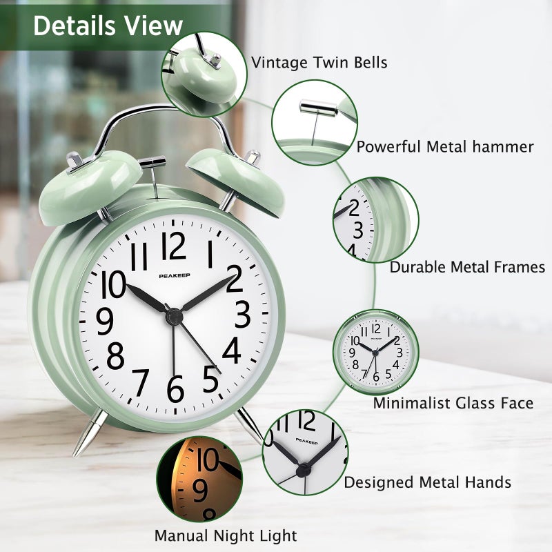 Peakeep Loud Battery Alarm Clock for Heavy Sleepers Adults Kids, Analog 4.5" Twin Bell Old School Fashioned Style for Bedrooms Living Room Decor (Avocado Green) - Image 4
