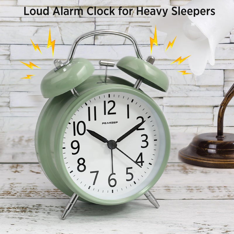 Peakeep Loud Battery Alarm Clock for Heavy Sleepers Adults Kids, Analog 4.5" Twin Bell Old School Fashioned Style for Bedrooms Living Room Decor (Avocado Green) - Image 2
