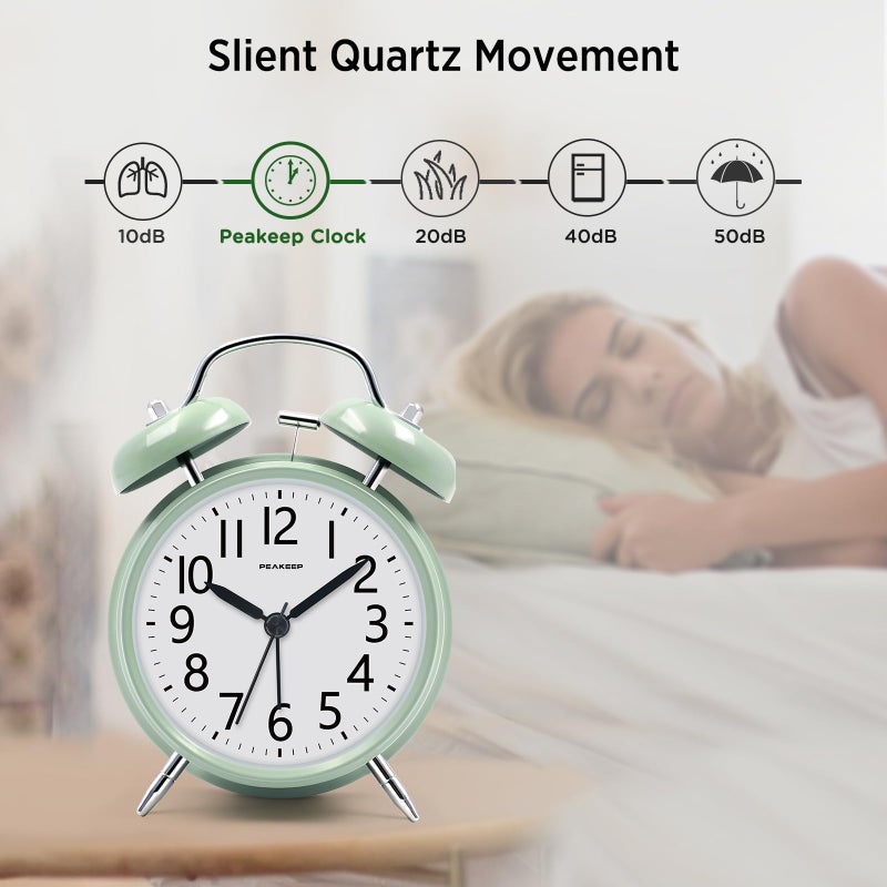 Peakeep Loud Battery Alarm Clock for Heavy Sleepers Adults Kids, Analog 4.5" Twin Bell Old School Fashioned Style for Bedrooms Living Room Decor (Avocado Green) - Image 5