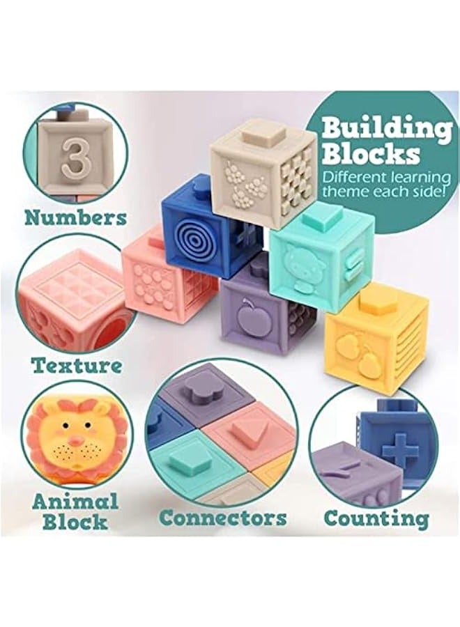 DURKU Soft Stacking Blocks for Babies - Montessori Learning Toy, Teething and Chewing Toy, Squeeze and Sensory Toy - Toddler Bath Toy - Includes Suction Cup Storage Bag  - Image 2