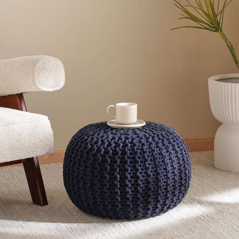Pan Home Vivian Cable Knit Round Pouf in Blue