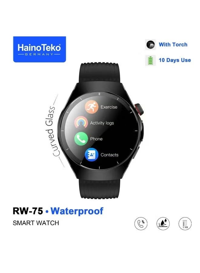 Haino Teko RW-75 Waterproof Smart Watch – Curved AMOLED Display, Bluetooth Calling, Heart Rate & Sleep Monitoring, Multi-Sport Fitness Modes, Long Battery Backup, Smart Notifications, 3 Interchangeable Straps & Fast Charging – Gents Black - Image 1