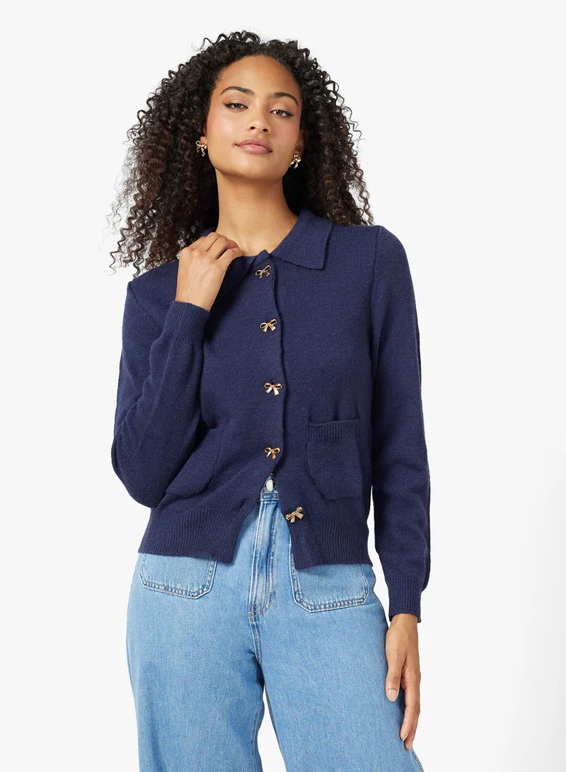 جينجر Cable Knit Bow Button Up Cardigan