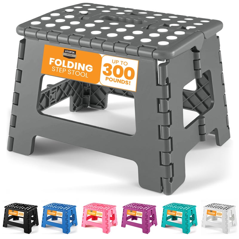 Utopia Home Folding Step Stool with Handle â€“ 9 Inch Anti Slip Collapsible Stool â€“ Holds Up to 300 lbs â€“ Sturdy Plastic Step Stool Foldable for Kitchen, Bathroom and Home Use (1-Pack, Grey) - Image 1