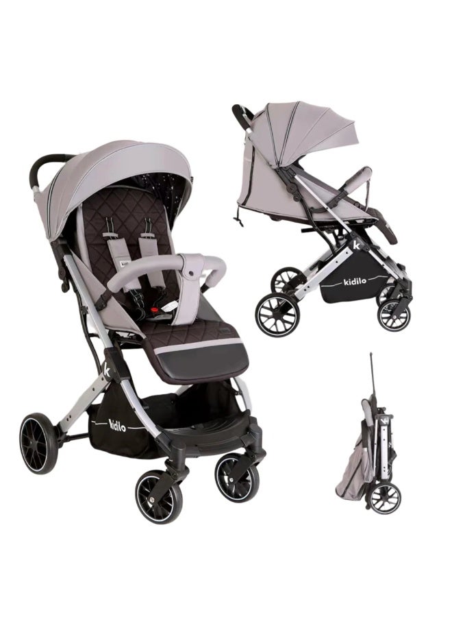 Kidilo K12 Baby Stroller - Lightweight, Multi-Position Backrest, Easy One-Hand Folding, Large Canopy and Storage Basket, Wheel Brakes, Adjustable Footrest and Viewing Window (Black - Gray) - Image 1