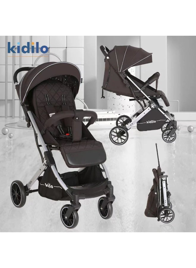 Kidilo K12 Baby Stroller - Lightweight, Multi-Position Backrest, Easy One-Hand Folding, Large Canopy and Storage Basket, Wheel Brakes, Adjustable Footrest and Viewing Window (Black - Gray) - Image 2