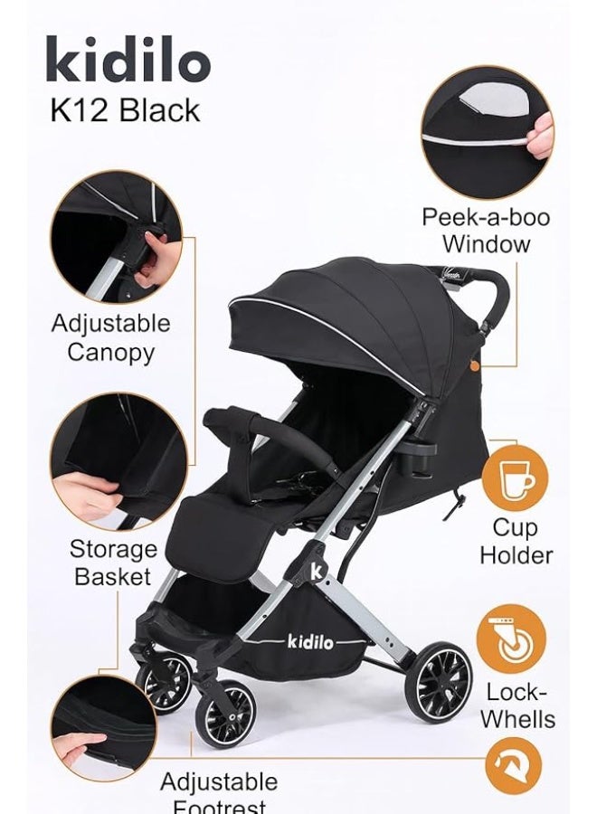 Kidilo K12 Baby Stroller - Lightweight, Multi-Position Backrest, Easy One-Hand Folding, Large Canopy and Storage Basket, Wheel Brakes, Adjustable Footrest and Viewing Window (Black - Gray) - Image 3