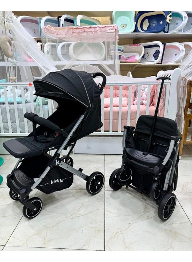 Kidilo K12 Baby Stroller - Lightweight, Multi-Position Backrest, Easy One-Hand Folding, Large Canopy and Storage Basket, Wheel Brakes, Adjustable Footrest and Viewing Window (Black - Gray) - Image 4