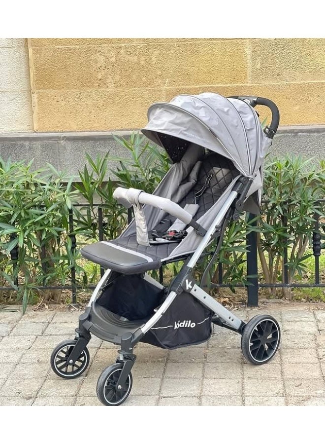 Kidilo K12 Baby Stroller - Lightweight, Multi-Position Backrest, Easy One-Hand Folding, Large Canopy and Storage Basket, Wheel Brakes, Adjustable Footrest and Viewing Window (Black - Gray) - Image 5