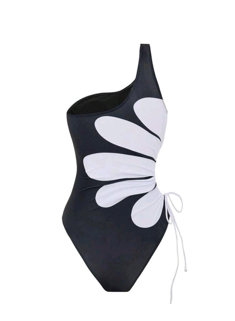 Shein Swim Vcay Spring Break Women's Beachwear Summer Outfit, New One Shoulder Placement Print Drawstring Tie Hollow Out Casual Vacation One Piece Swimsuit For Women, Festival Boho - Image 4