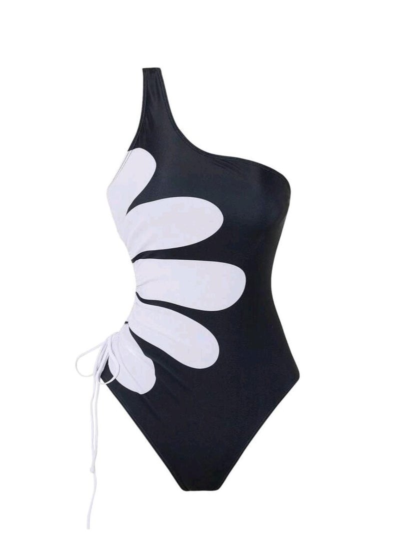 Shein Swim Vcay Spring Break Women's Beachwear Summer Outfit, New One Shoulder Placement Print Drawstring Tie Hollow Out Casual Vacation One Piece Swimsuit For Women, Festival Boho - Image 3