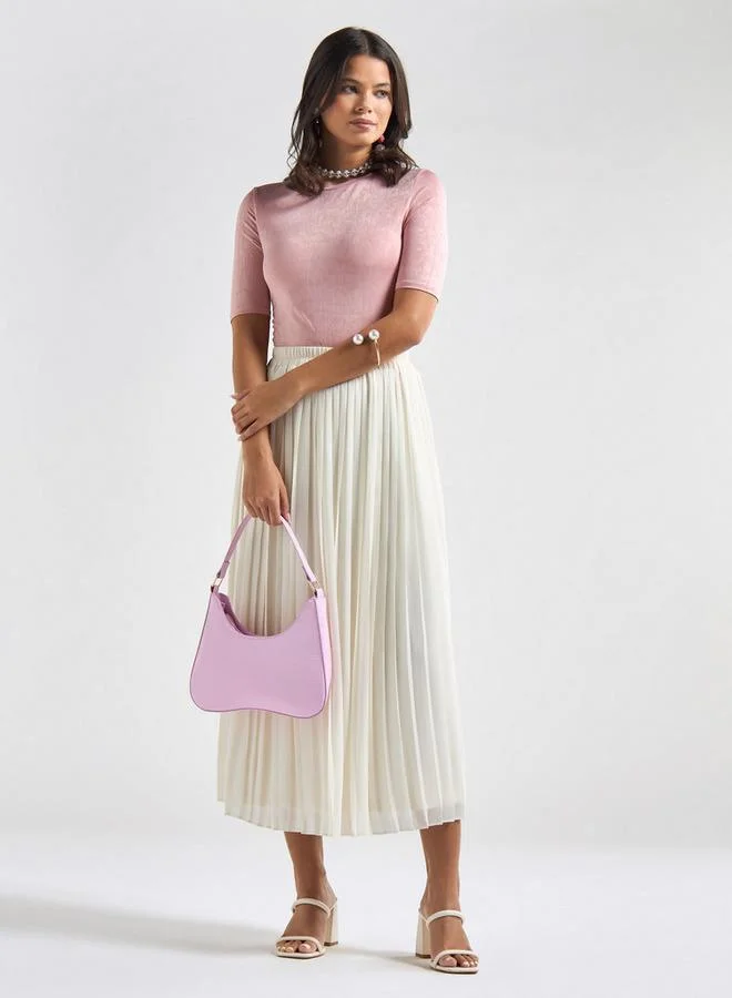 Splash FAV Textured Crew Neck Top with Short Sleeves and Ruched Detail