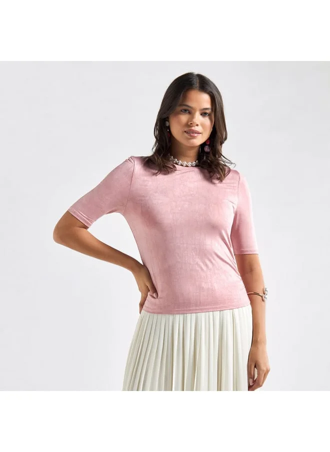 FAV Textured Crew Neck Top with Short Sleeves and Ruched Detail