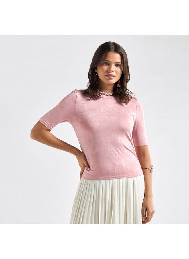 FAV - Textured Crew Neck Top with Short Sleeves and Ruched Detail - Image 1
