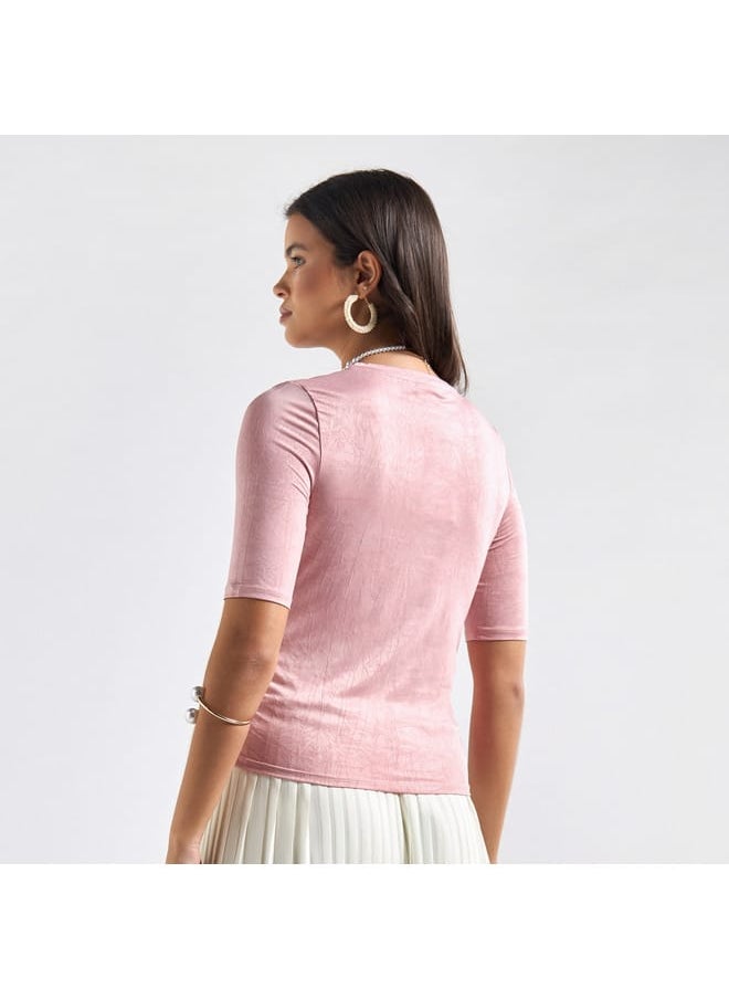FAV - Textured Crew Neck Top with Short Sleeves and Ruched Detail - Image 1