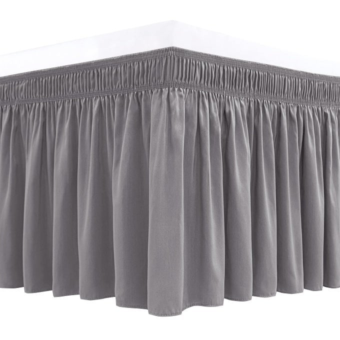 WRAP AROUND BED SKIRTS FOR QUEEN BEDS 22 LONG DROP SILVER GREY ADJUSTABLE ELASTIC DUST RUFFLES EASY FIT WRINKLE RESISTANT SILKY LUXURIOUS FABRIC MACHINE WASHABLE