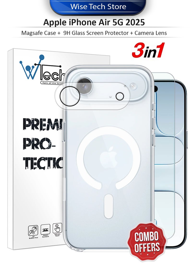 دبليو تيك حزمة حماية شاملة لهاتف آبل آيفون إير 5G 2025 ثلاثية الوظائف: غطاء شفاف مقاوم للصدمات مع ماجسيف، واقي شاشة زجاجي 9H، وواقي عدسة الكاميرا لحماية 360 درجة، سهل التركيب - شفاف - Image 1