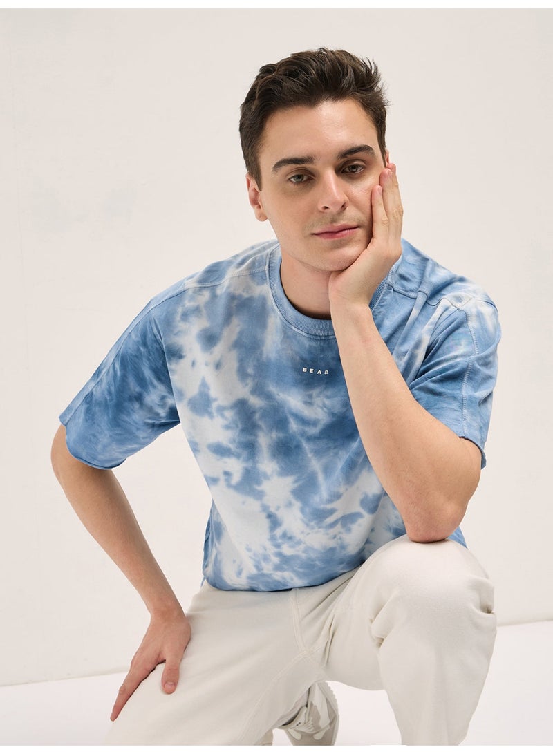 THE BEAR HOUSE Men's Blue Tie-Dye Oversize Crew Neck T-shirt Perfect For Casual Wear, Gym, Travel, Or Layering Stylish And Versatile Essential For Every Wardrobe - Image 1