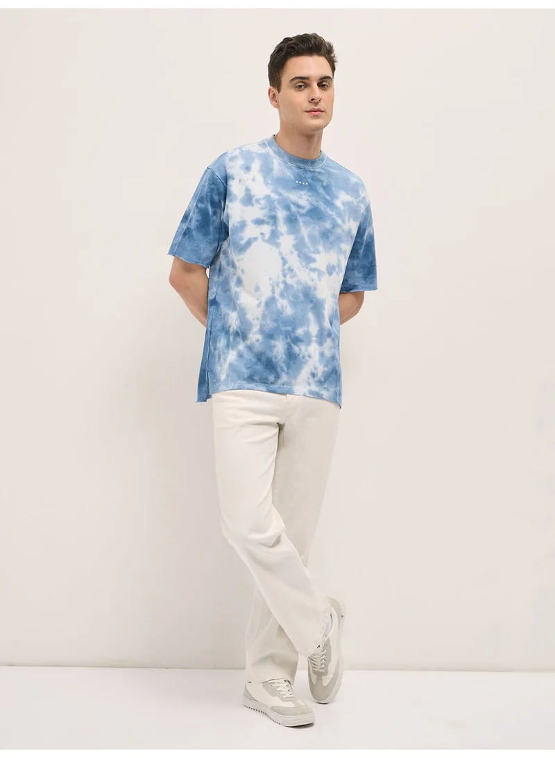 THE BEAR HOUSE  Men's Blue Tie-Dye Oversize Crew Neck T-shirt Perfect For Casual Wear, Gym, Travel, Or Layering Stylish And Versatile Essential For Every Wardrobe for Men | Best Price UAE