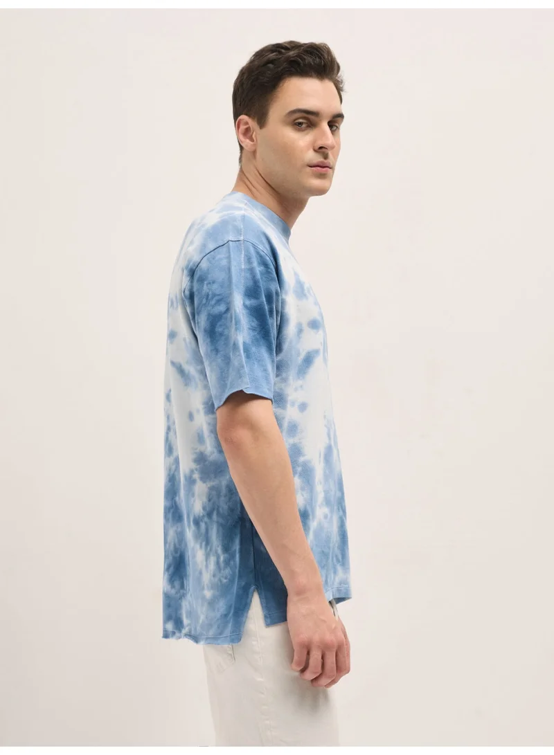 THE BEAR HOUSE  Men's Blue Tie-Dye Oversize Crew Neck T-shirt Perfect For Casual Wear, Gym, Travel, Or Layering Stylish And Versatile Essential For Every Wardrobe for Men | Best Price UAE