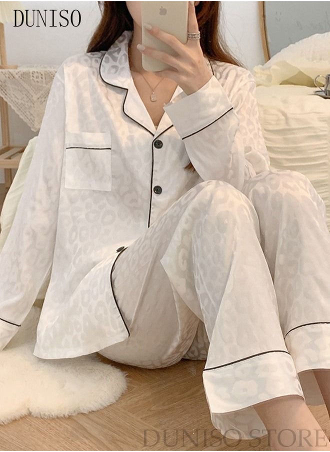 DUNISO - 2-Piece Women's Soft Pajamas Set Long Sleeve Silky Pajama Set Loungewear Button-Down Night Suit Pajama Sets Spring And Autumn Night Wear Long Sleeve Top And Pants Loungewear Sets - Image 1