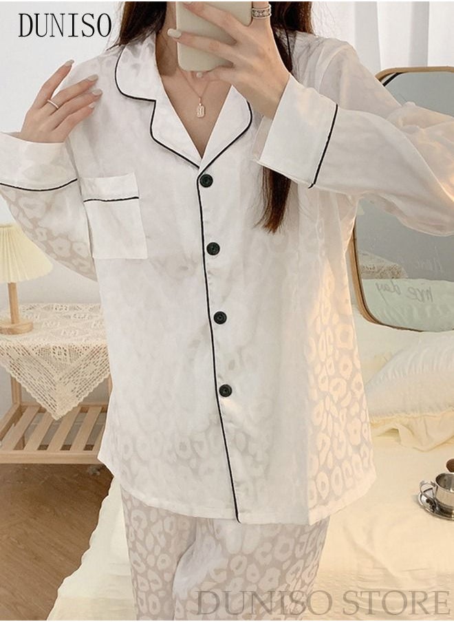 DUNISO - 2-Piece Women's Soft Pajamas Set Long Sleeve Silky Pajama Set Loungewear Button-Down Night Suit Pajama Sets Spring And Autumn Night Wear Long Sleeve Top And Pants Loungewear Sets - Image 1