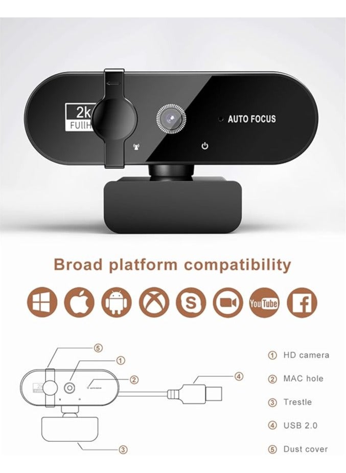 Webcam, 4K Webcam Mini 2K Full HD Webcam with Autofocus Microphone Webcam for PC Laptop Online Camera