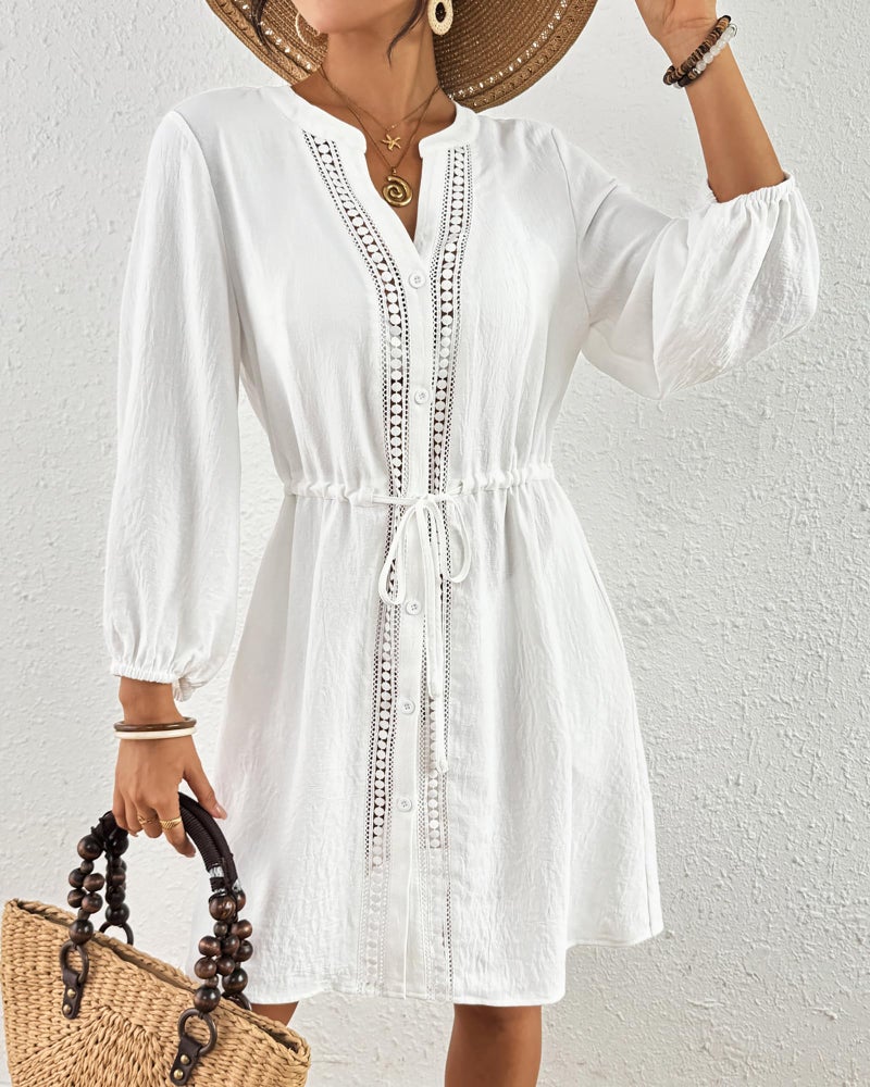 Bsubseach Swimsuit Coverup for Women V Neck Bathing Suit Cover Up with Pocket Drawstring Button Down Beach Shirt Dresses White L - Image 3
