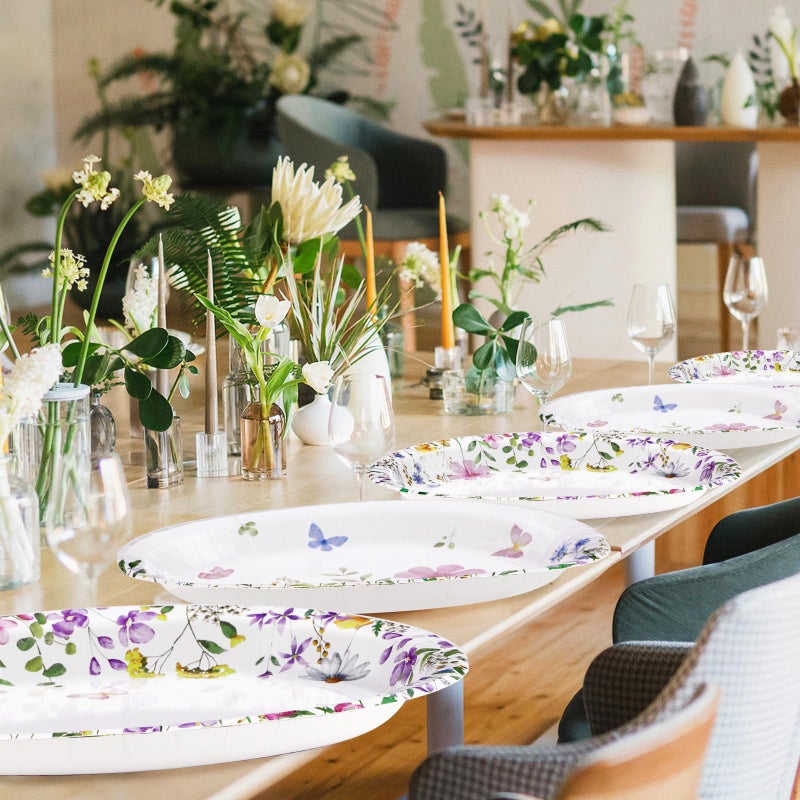 Grencian 50Pcs Spring Wildflower Oval Paper Plates 10"" x 12"" Large Disposable Heavy Duty Watercolor Flowers Butterfly Party Plates Floral Dessert Platters for Seasonal Lunch Dinner Birthday Party Supplies - Image 5