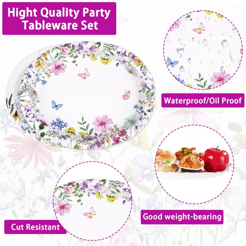 Grencian 50Pcs Spring Wildflower Oval Paper Plates 10"" x 12"" Large Disposable Heavy Duty Watercolor Flowers Butterfly Party Plates Floral Dessert Platters for Seasonal Lunch Dinner Birthday Party Supplies - Image 3