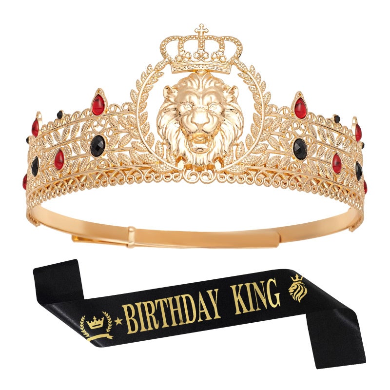JITINX King Crown and Birthday Sash, King Crown for Men,Gold Men's Tiara Prince Diadem,Royal Medieval Cosplay Birthday Prom Halloween Hair Accessories (Black & Red Crown) - Image 1