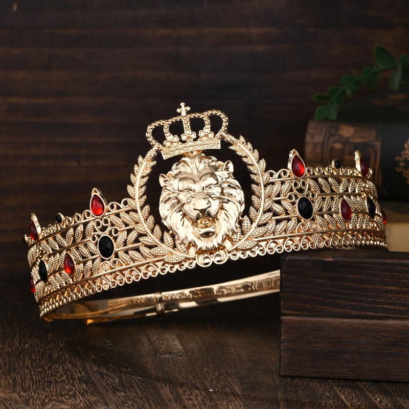 JITINX King Crown and Birthday Sash, King Crown for Men,Gold Men's Tiara Prince Diadem,Royal Medieval Cosplay Birthday Prom Halloween Hair Accessories (Black & Red Crown) - Image 5