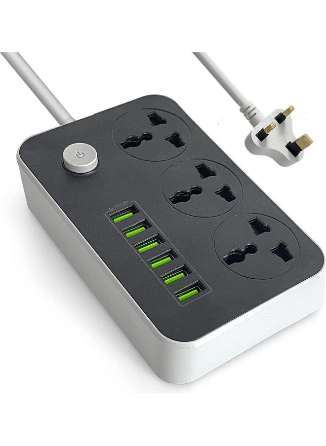 ECVV Power Strips Extension Cord 3 Outlets, Power Socket with 6 USB Ports Universal Charging Socket with 2M Bold Extension Cord  - Image 1