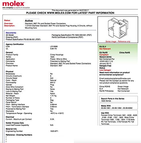 Molex (9-Circuits) Male & Female Receptacle Plug, w/Terminal sockets w/18-24 AWG Standard .062" Pins, Pitch 3.68mm - Image 2