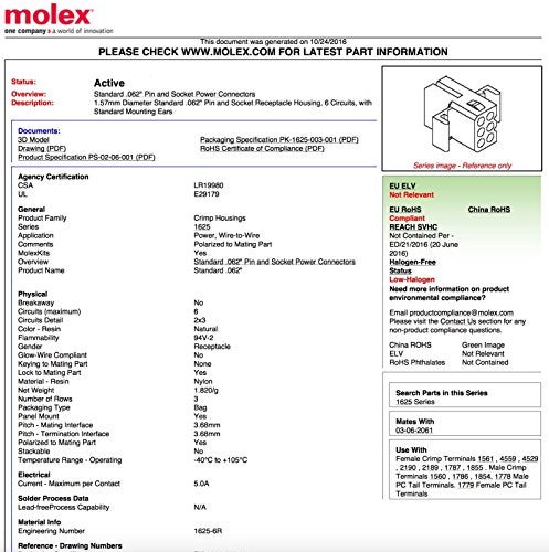 Molex (9-Circuits) Male & Female Receptacle Plug, w/Terminal sockets w/18-24 AWG Standard .062" Pins, Pitch 3.68mm - Image 3