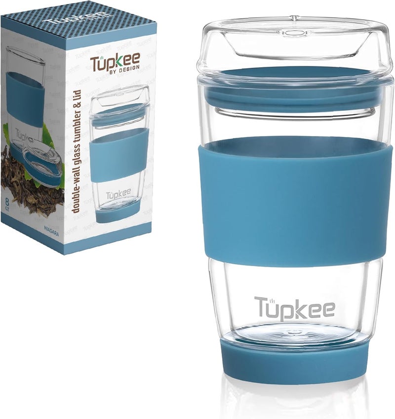 Tupkee كوب زجاجي مزدوج الجدار - 8 أونصات، كوب شاي/قهوة معزول قابل لإعادة الاستخدام بالكامل من الزجاج وغطاء، كوب سفر زجاجي منفوخ يدويًا - نياجرا - Image 1