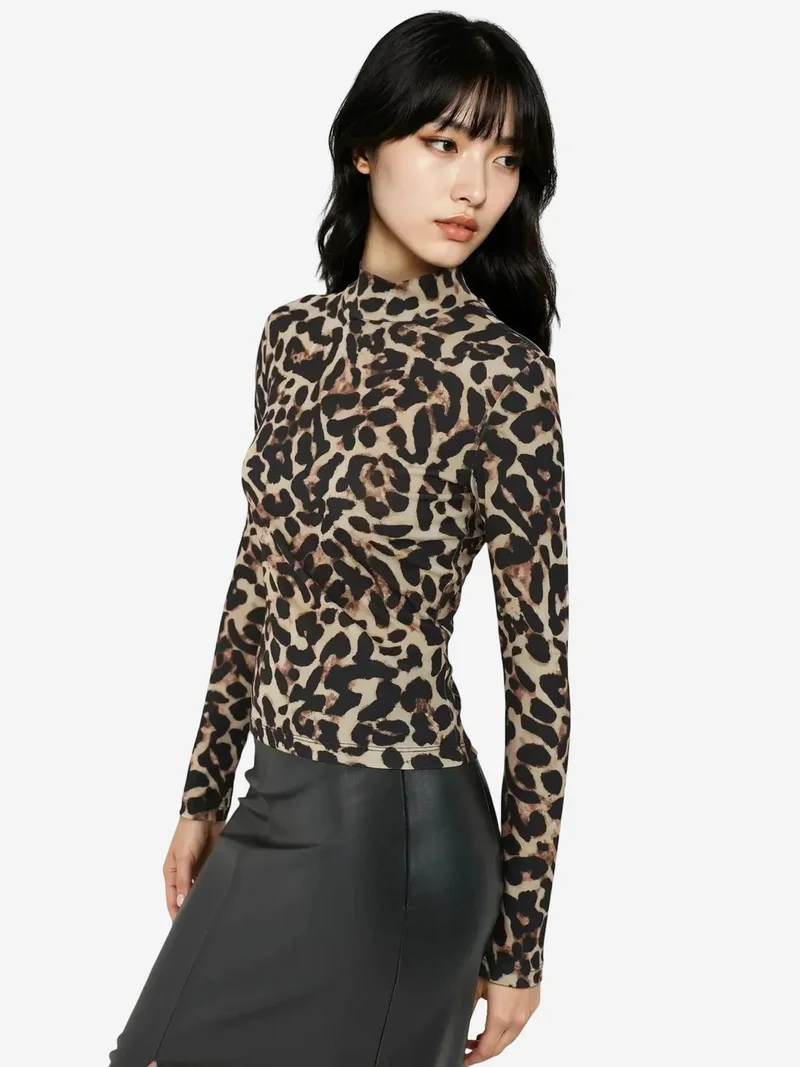HICCUP Leopard Print Half Turtleneck Top