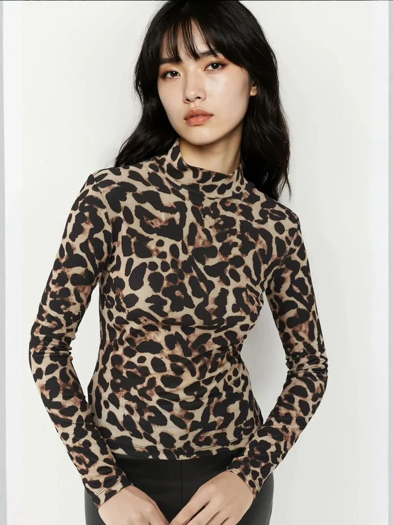 HICCUP Leopard Print Half Turtleneck Top